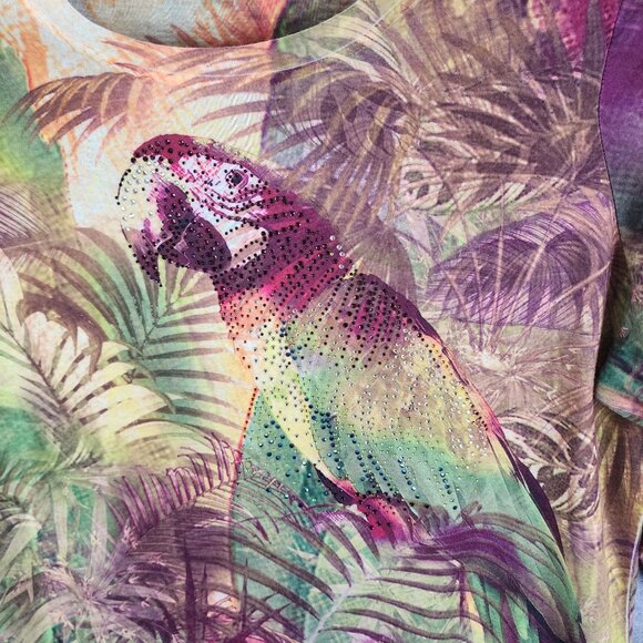 Womens Multicolor Chicos Tropical Top Blouse Parrot Print 3/4 Sleeve Size 3 - Picture 3 of 8